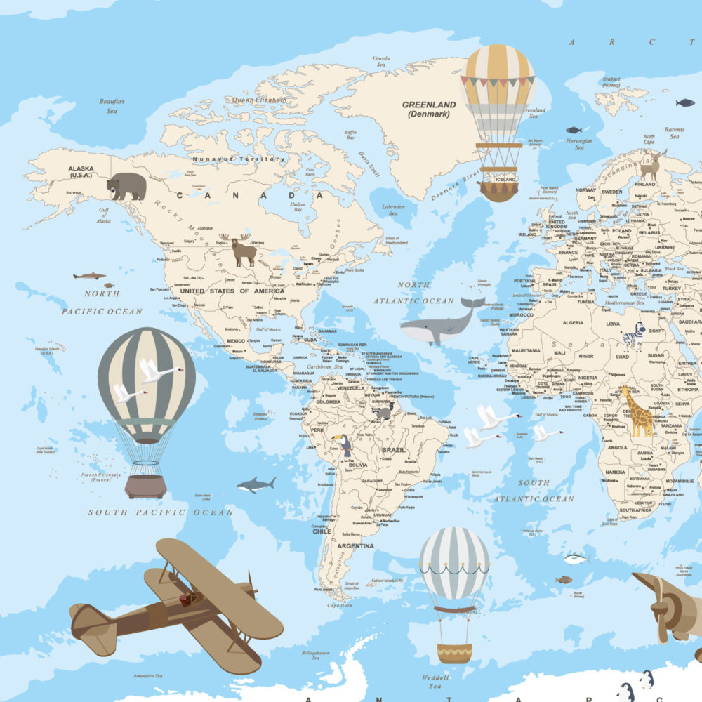 Map with blue balloons and planes