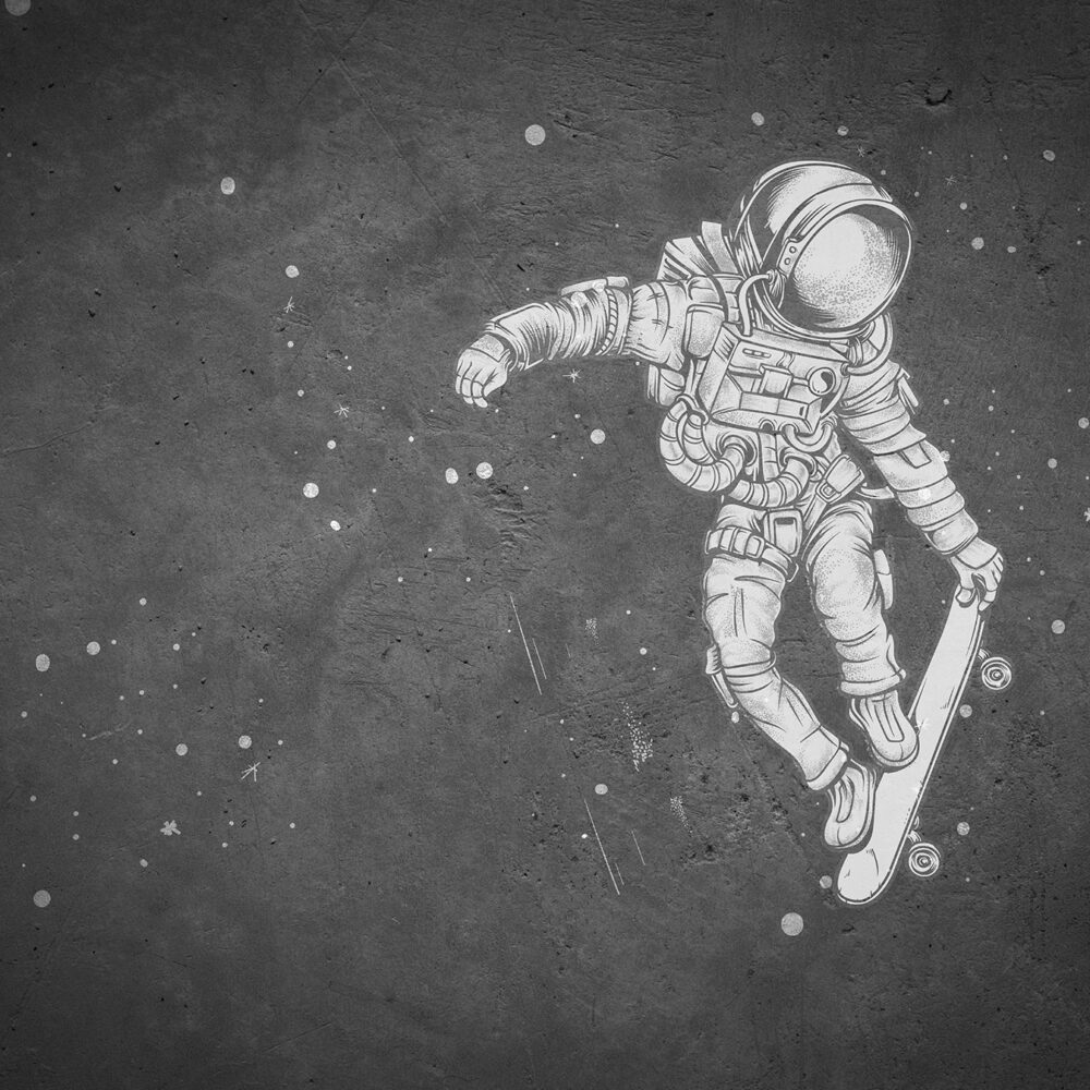 Ein Astronaut auf einem Skateboard