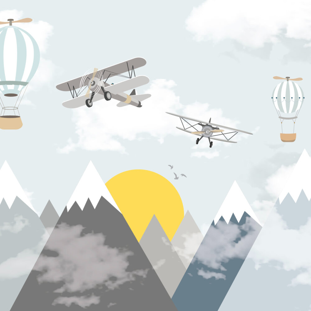 Berge mit Sonne und Flugzeugen