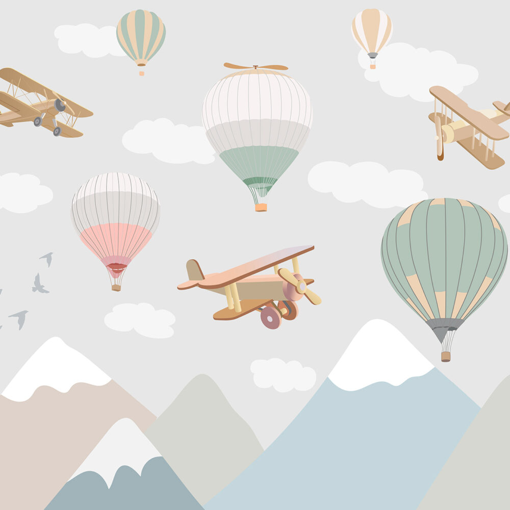 Berge mit Flugzeugen und Heißluftballons