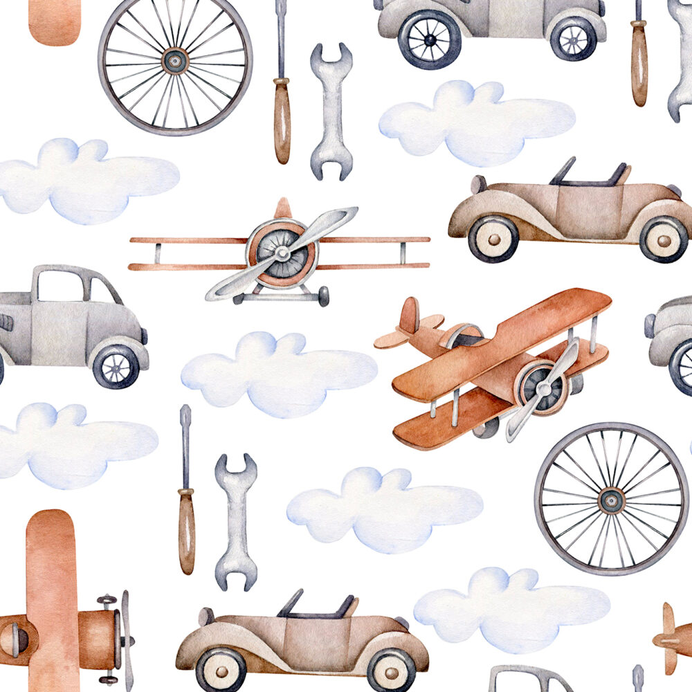 Zeichnen mit Retro-Autos und Flugzeugen